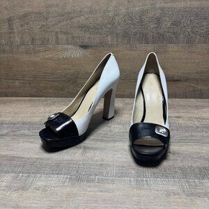 Nine West Get Some White/Black Leather Peep Toe Heels Women's Size 10.5